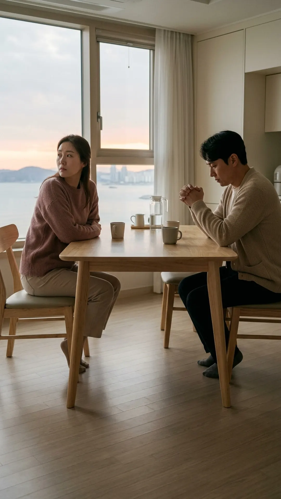 거실 식탁에 마주 앉아 이야기를 나누는 부부 — 연출 이미지