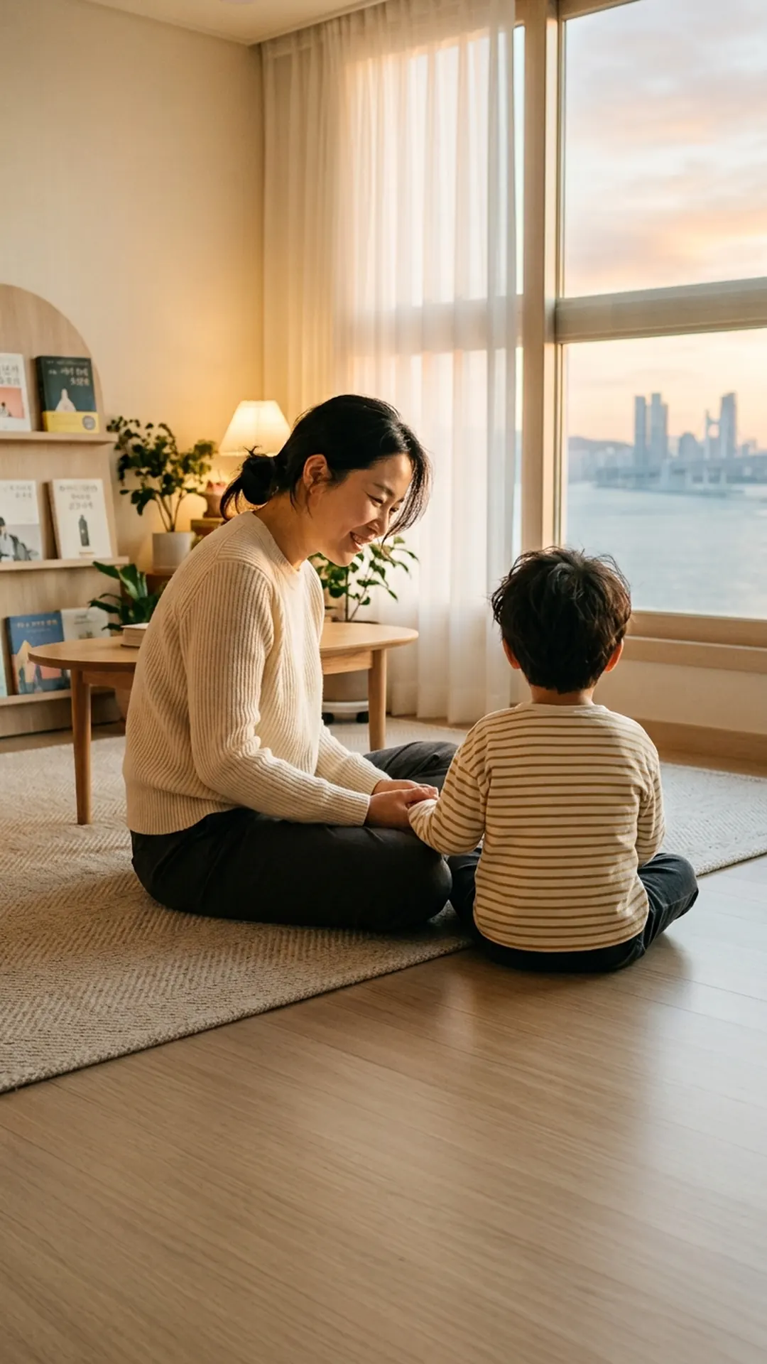거실 바닥에서 아이와 마주 앉아 대화하는 부모 — 연출 이미지
