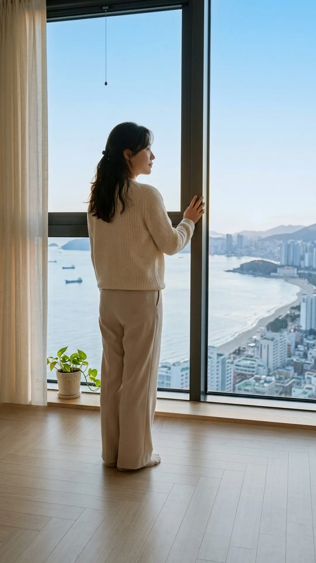 창가에 서서 생각에 잠긴 여성 — 연출 이미지
